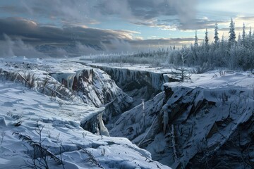 Poster - A scenic view of a snowy landscape with a majestic waterfall. Perfect for nature and travel concepts