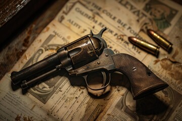 Poster - A revolver and a bullet placed on a table. Suitable for crime and weapon concepts