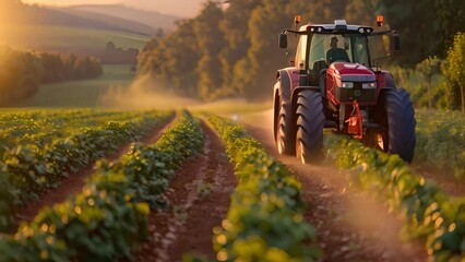 Poster - A tractor is seen driving through a vast field of crops under a clear sky.
