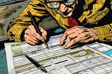 Poster - A man in a yellow shirt and red tie writing on a piece of paper. Suitable for business and education concepts
