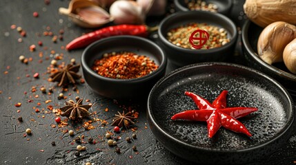   A bowl-topped table with various spice and seasoning options, including garlic, pepper, and cloves