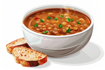 Wall Mural - A bowl of hearty lentil soup with crusty bread on a transparent white background