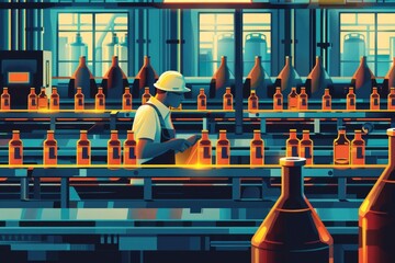 Poster - A man standing in front of bottles on a conveyor belt. Suitable for industrial and manufacturing concepts