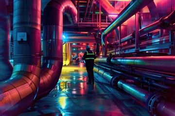 Poster - A man standing in a large room with pipes. Suitable for industrial concepts