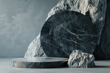 Poster - A large rock next to a round table, suitable for various concepts and designs