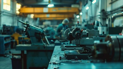 Aufkleber - A diverse collection of machines in a busy shop. Ideal for industrial concepts