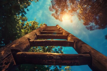 Poster - A wooden ladder extending upwards, symbolizing growth and progress. Suitable for business and motivation concepts