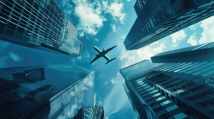 Poster - Aerial view of a plane flying over a city, suitable for travel and transportation concepts