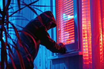 Poster - A person wearing a hoodie looking out of a window. Suitable for various themes and concepts