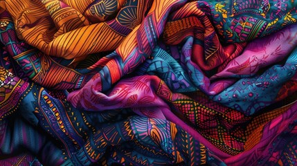 Poster - Vibrant and diverse stack of colorful fabrics, perfect for textile design projects