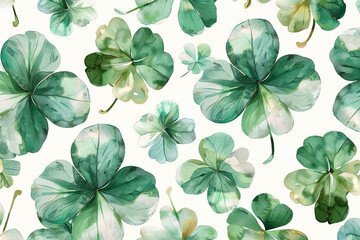 Watercolor Clover, Lucky four-leaf clovers, Seamless pattern illustration 