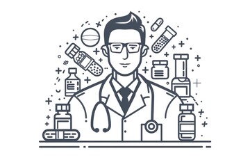 Poster - A man in a lab coat surrounded by medical equipment. Ideal for medical and healthcare concepts
