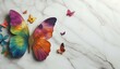 marble background with flower designs and butterfly silhouette, wall decoration in Rainbow tones