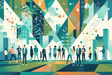 Poster - A group of people standing in front of a building. Suitable for various business concepts