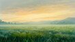 © Muhammad - A serene lowland meadow at sunrise, with dew on the grass and a mist hovering just above the ground, under a pastel sky