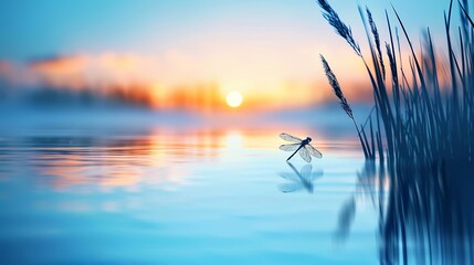 Sticker - a serene nature scene at sunrise with a close up dragon fly perched on a single reed against the water