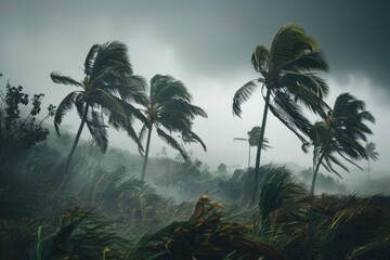 coconut palm trees blowing in the wind on an island, again dark grey sky