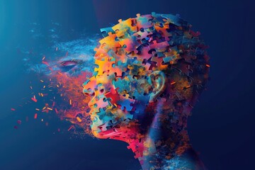 Poster - Man's head covered in puzzle pieces, suitable for concepts of problem-solving and creativity