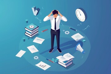 Poster - A man standing in front of a clock surrounded by books and papers. Suitable for time management concept