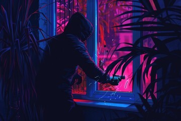 Poster - A person wearing a hoodie looks out a window. Suitable for various uses
