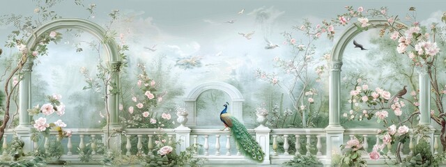 vintage wallpaper of a parisian chinoiserie garden with a peacock, flowers and birds in pastel green