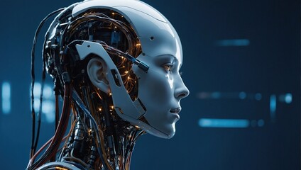 side view of robot female on blue background while created with futuristic technology with wires connected from body to head