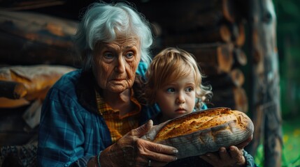 Aufkleber - A touching image of an old woman and a young girl holding a loaf of bread. Suitable for various themes and concepts
