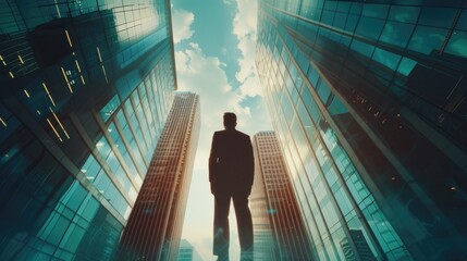 Poster - A man standing in front of tall buildings. Suitable for urban concepts