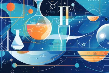 Poster - Various science-related items on a blue background. Ideal for educational materials