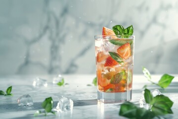 Poster - A glass filled with fruit and ice on a table, perfect for refreshing summer drink concepts