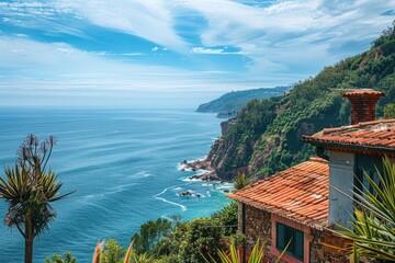 Poster - A house perched on a cliff with a stunning ocean view. Ideal for real estate or travel concepts