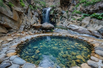Poster - Serene image of a waterfall cascading into a tranquil rock pool. Ideal for nature-themed designs