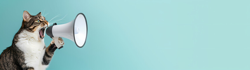 Wall Mural - ai-generated image of a cat is holding a microphone and making a loud noise. the image is meant to c