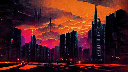 Wall Mural - City landscape artwork with orange sky on the sundown. Textured painting of a cyberpunk city.
