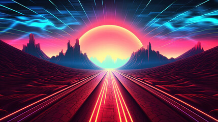Wall Mural - Road to horizon in synthwave style. 80s styled purple and blue synthwave highway landscape.