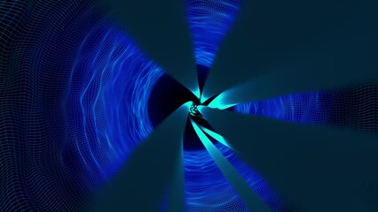 Poster - Abstract movement of a digital wormhole, a tunnel consisting of blue sparkling particles and lines. A path through a digital network of beautiful blue particles. 3D render. 4K animation