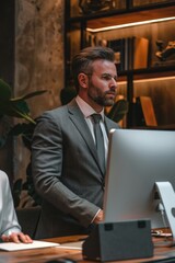 Poster - a man and a woman sitting in front of a computer. suitable for business or technology concepts