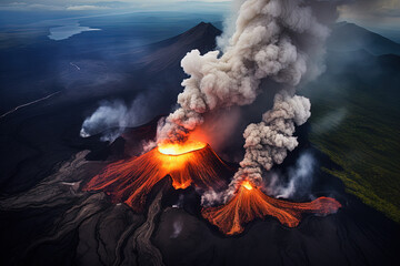 Wall Mural - volcano eruption from a bird view. volcano crater and magma flow shot from above. genertated ai.