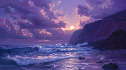 A serene twilight scene at a coastal escarpment, where waves crash against the rocky cliffs under a purpling sky