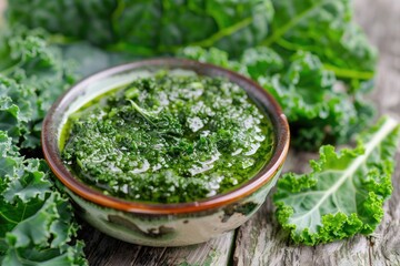 delicious kale pesto: fresh green leaves and antioxidant rich sauce for cooking and cookery