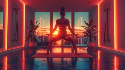 Produce a dynamic, photorealistic image of a person in workout gear executing a front-facing yoga pose in a sleek, modern home gym with high contrast lighting and vibrant colors