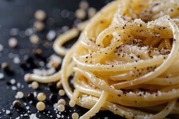 Black Background Closeup of Delicious Cacio e Pepe Spaghetti Dish with Rich Cheese and Pepper