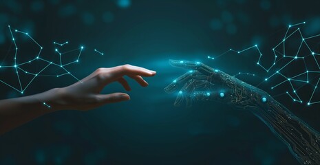 Poster - human and ai concept connecting, A hand is reaching out to another hand, symbolizing connection and unity. dark blue background, with a bright blue hand reaching out towards the other hand