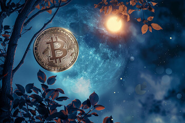 Wall Mural - Zoomed-in image of a Bitcoin coin superimposed on a night sky background with a glowing full moon