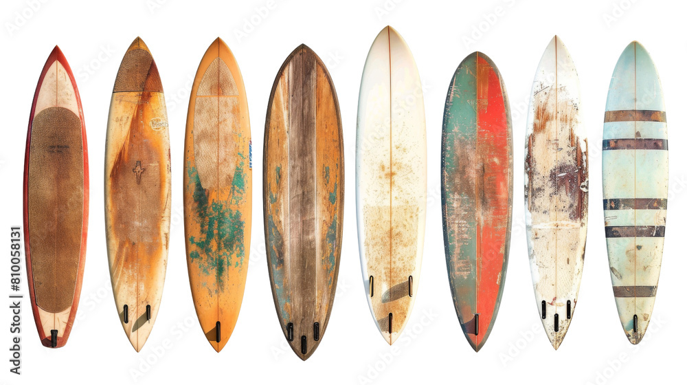 Set of old used vintage surfboards isolated on white background, png ...