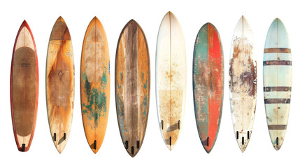 Set of old used vintage surfboards isolated on white background, png file, transparent 
