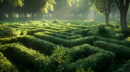 A sunlit hedge maze in an expansive garden, morning dew sparkling on the trimmed greenery, captured in high detail
