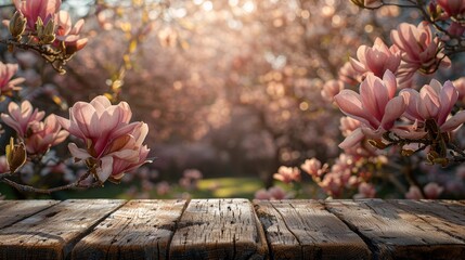 Canvas Print - Serene magnolia bloom with rustic wooden table