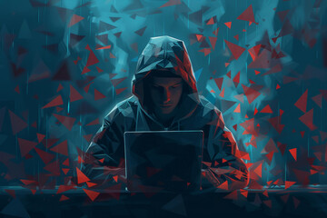 Poster - A man is sitting in front of a laptop with a hood over his head