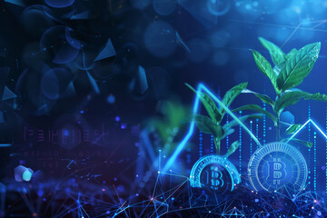 Poster - A blue background with a green plant and two coins with the letters B